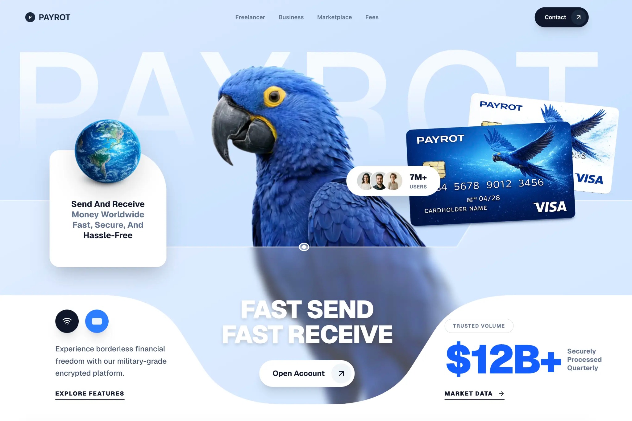 Grafika strony internetowej Payrot z motywem finansowym: papuga ara, globus, karty Visa, hasła 'Fast Send Fast Receive', statystyki $12B+.