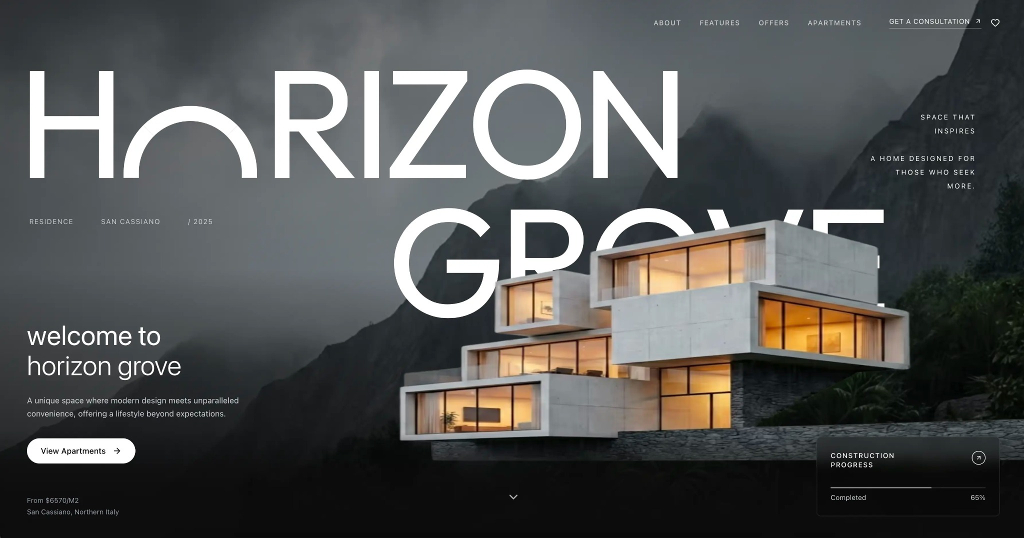 Strona internetowa z wizualizacją nowoczesnego budynku mieszkalnego Horizon Grove na tle gór, z informacjami o apartamentach i postępach budowy.