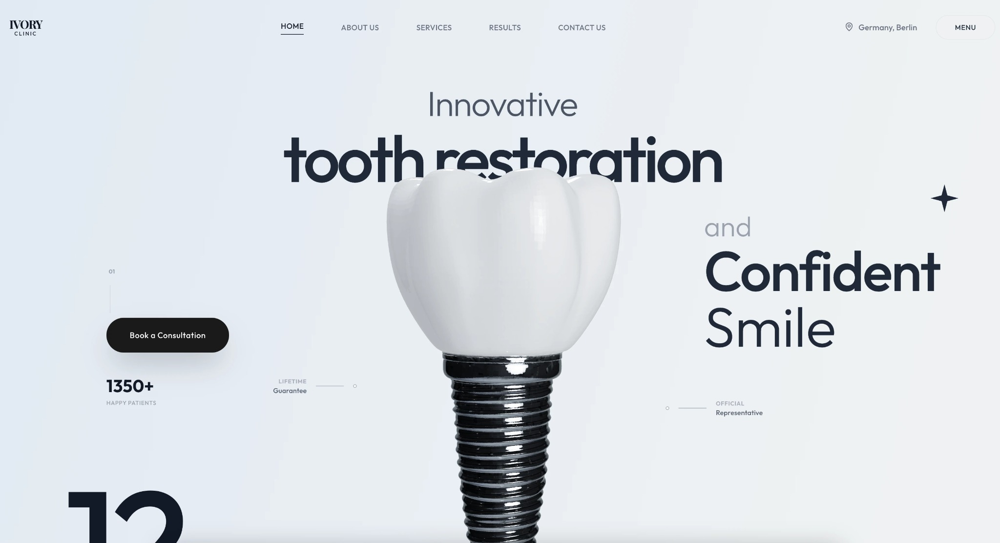 Minimalistyczna strona internetowa kliniki dentystycznej z hasłem 'Innovative tooth restoration and Confident Smile' oraz implantem zęba w centrum.
