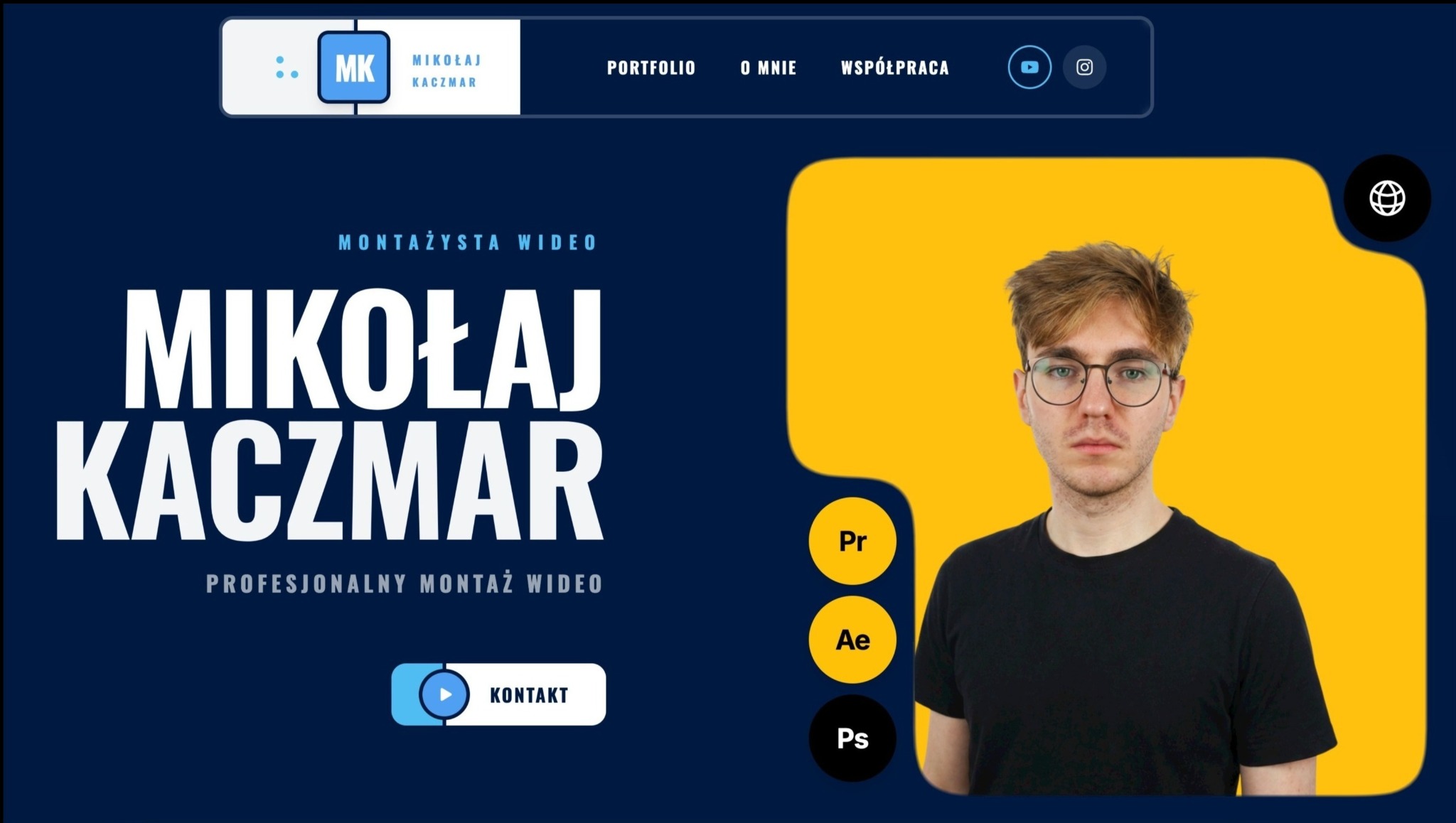 Strona internetowa montażysty wideo Mikołaja Kaczmara z portfolio, danymi kontaktowymi i zdjęciem portretowym na żółtym tle, prezentująca umiejętności w programach Pr, Ae, Ps.