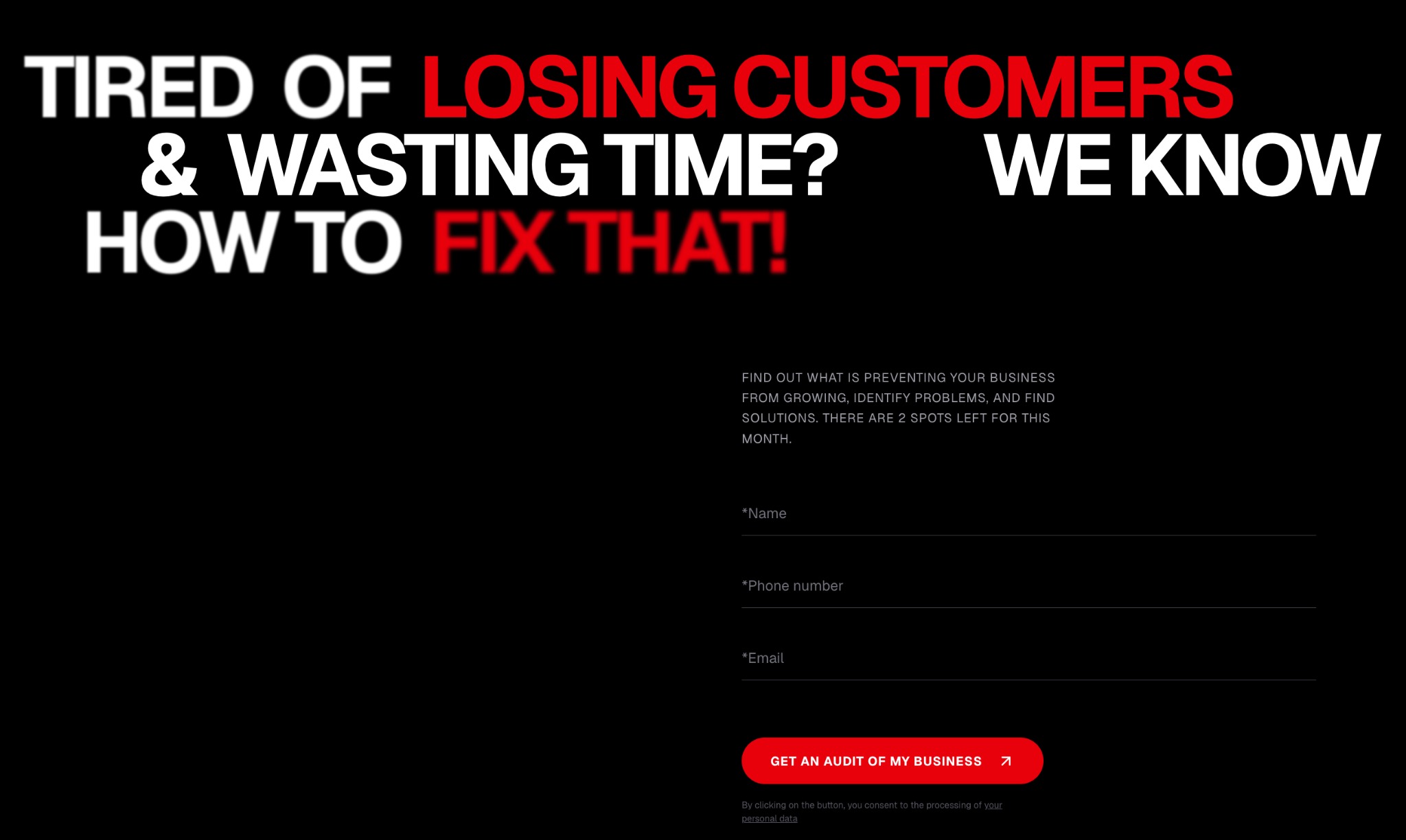 Landing page z hasłem 'Tired of losing customers? We know how to fix that!' i formularzem kontaktowym. Czarno-biała grafika z czerwonym akcentem na przycisku.