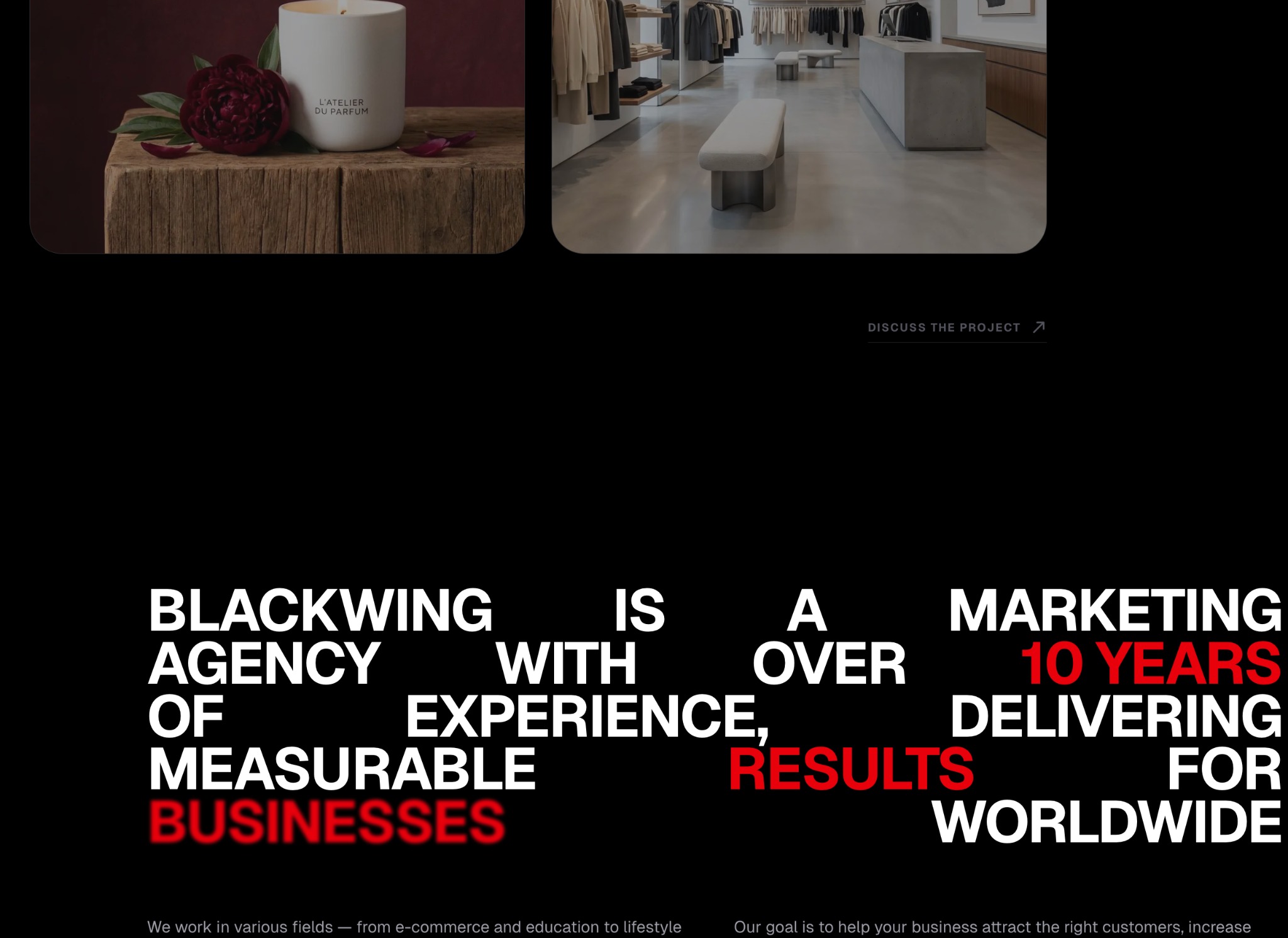 Strona agencji marketingowej Blackwing z przykładami realizacji: świeca Atelier du Parfum i wnętrze sklepu odzieżowego. Tekst: 10 lat doświadczenia, mierzalne wyniki.
