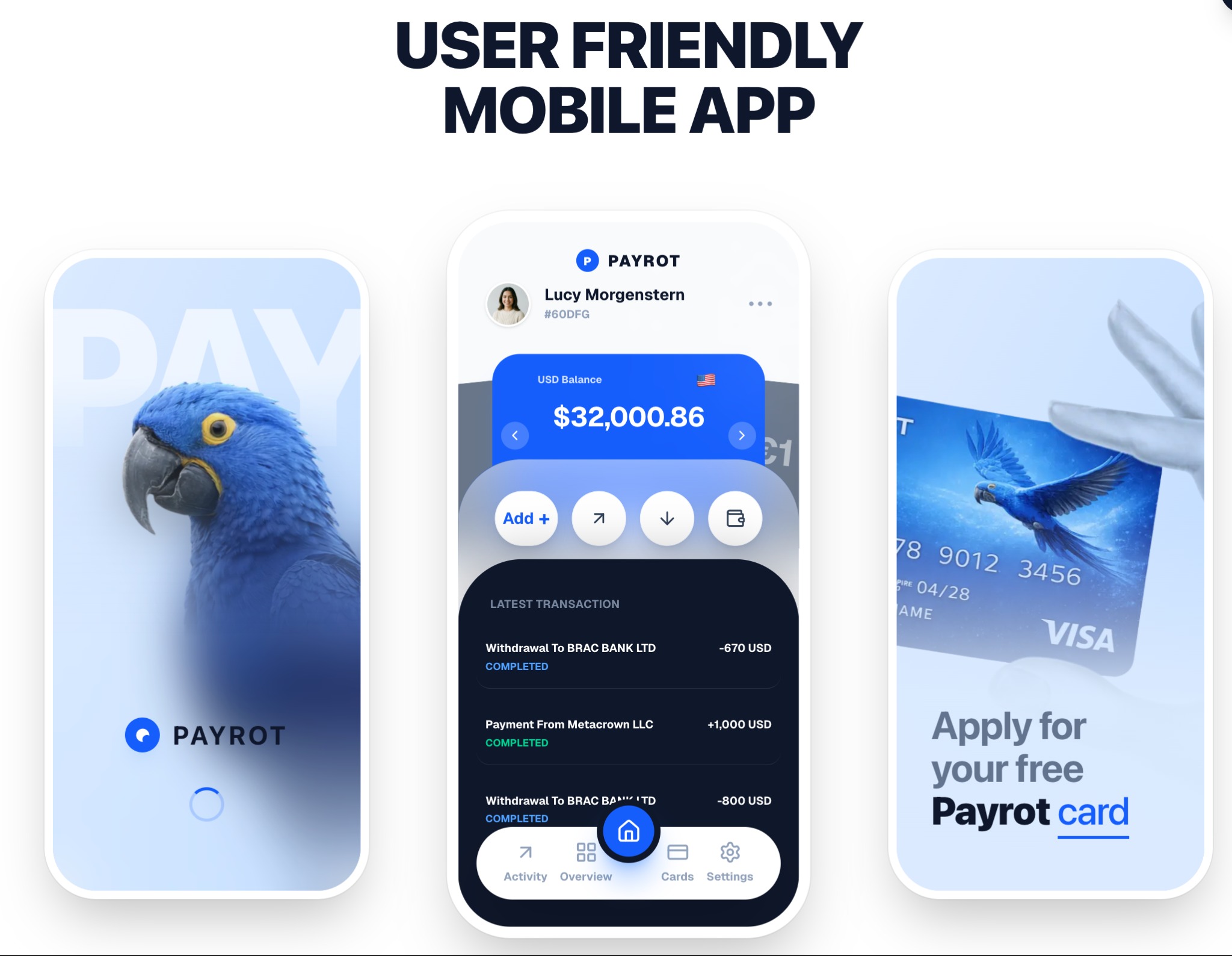 Aplikacja mobilna Payrot z interfejsem użytkownika, saldem 32000.86 USD, transakcjami i kartą Payrot z wizerunkiem papugi Ary hiacyntowej. User friendly mobile app.