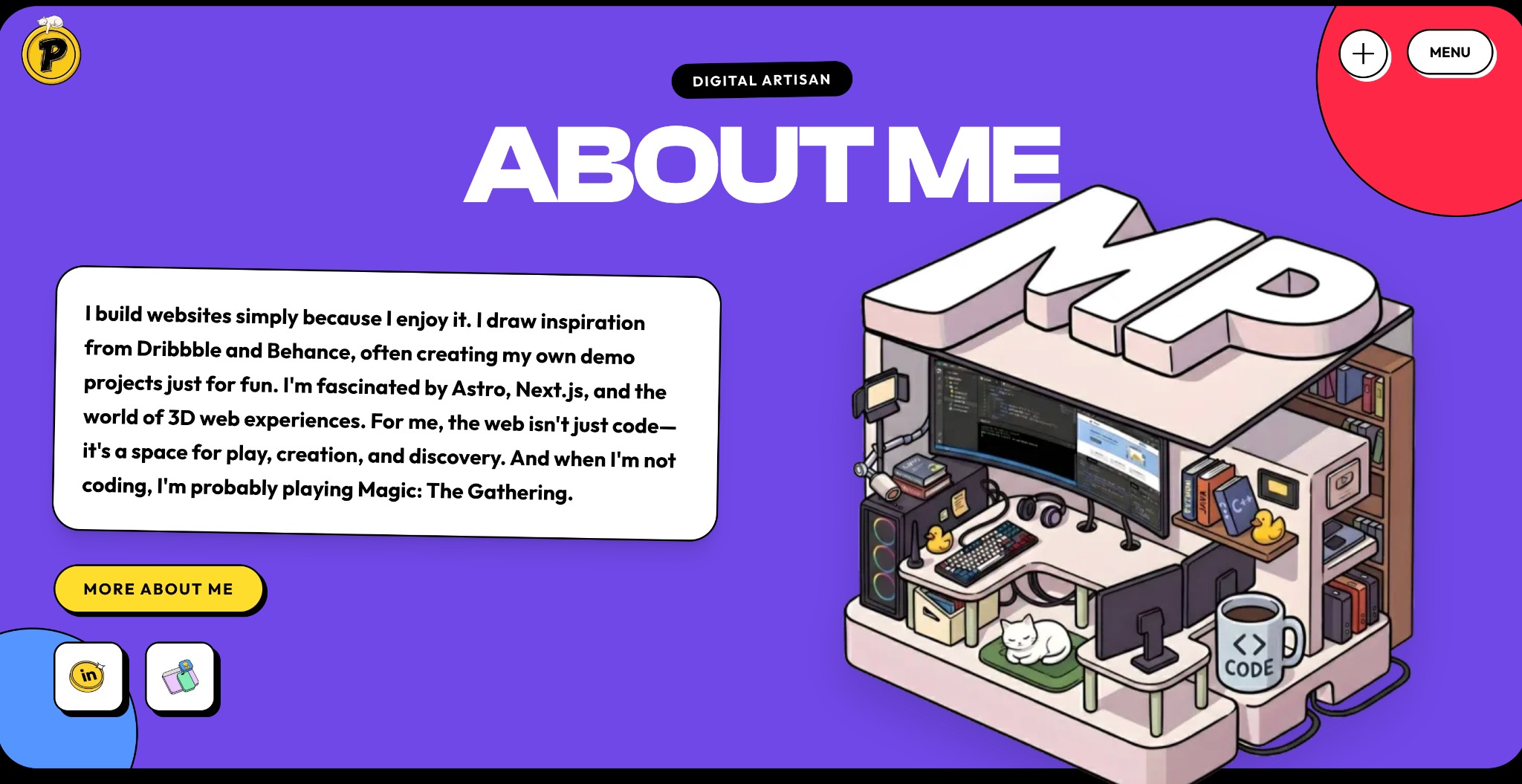 Ilustracja strony internetowej 'O mnie' z biurkiem programisty, kodem na ekranie, książkami o programowaniu i kubkiem z napisem 'CODE'. Fioletowe tło.