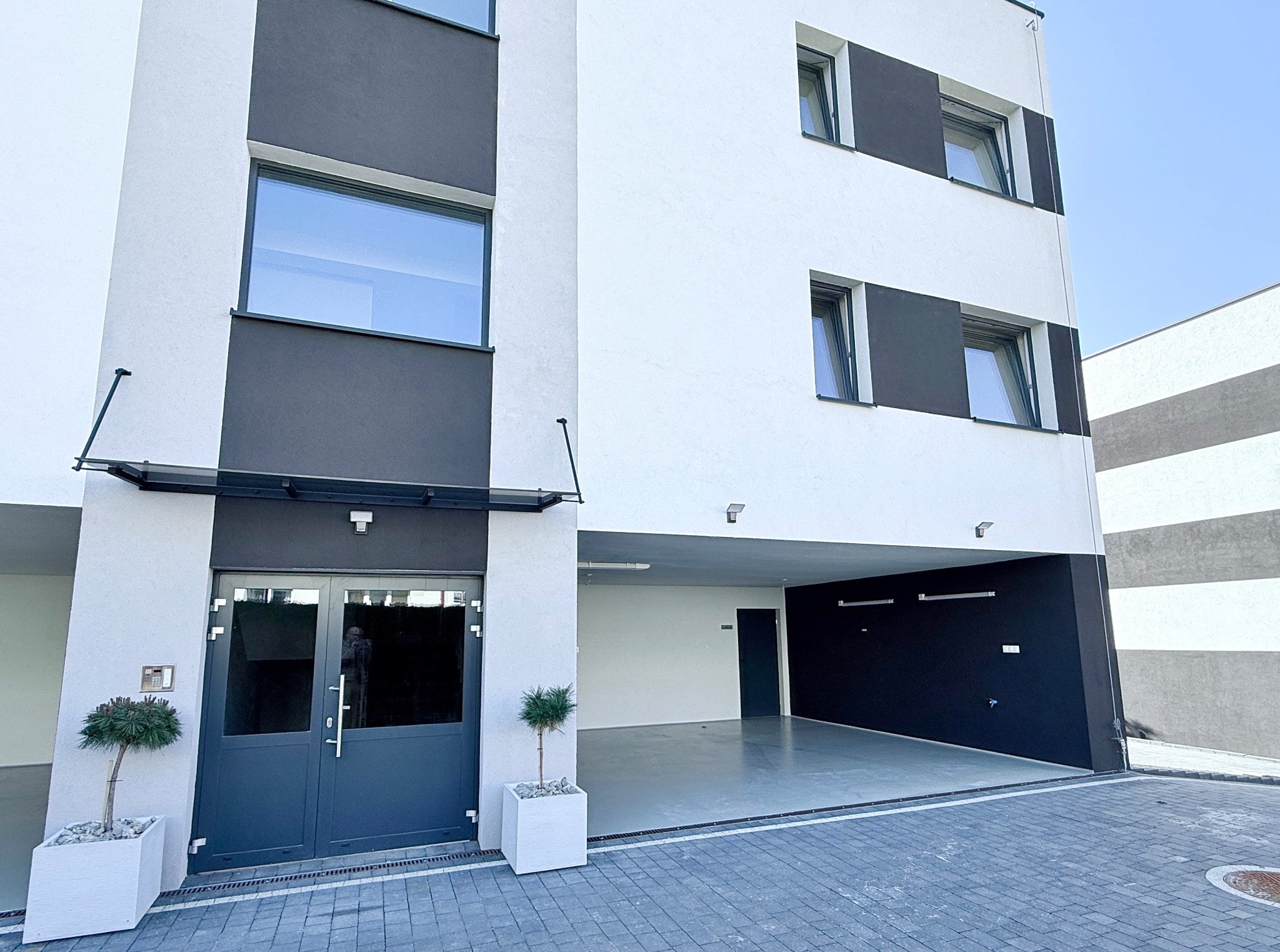 Nowoczesny budynek mieszkalny z garażem i wejściem, biało-szara elewacja, kostka brukowa, minimalistyczne donice z iglakami. Ujęcie z dołu, podkreślające bryłę.