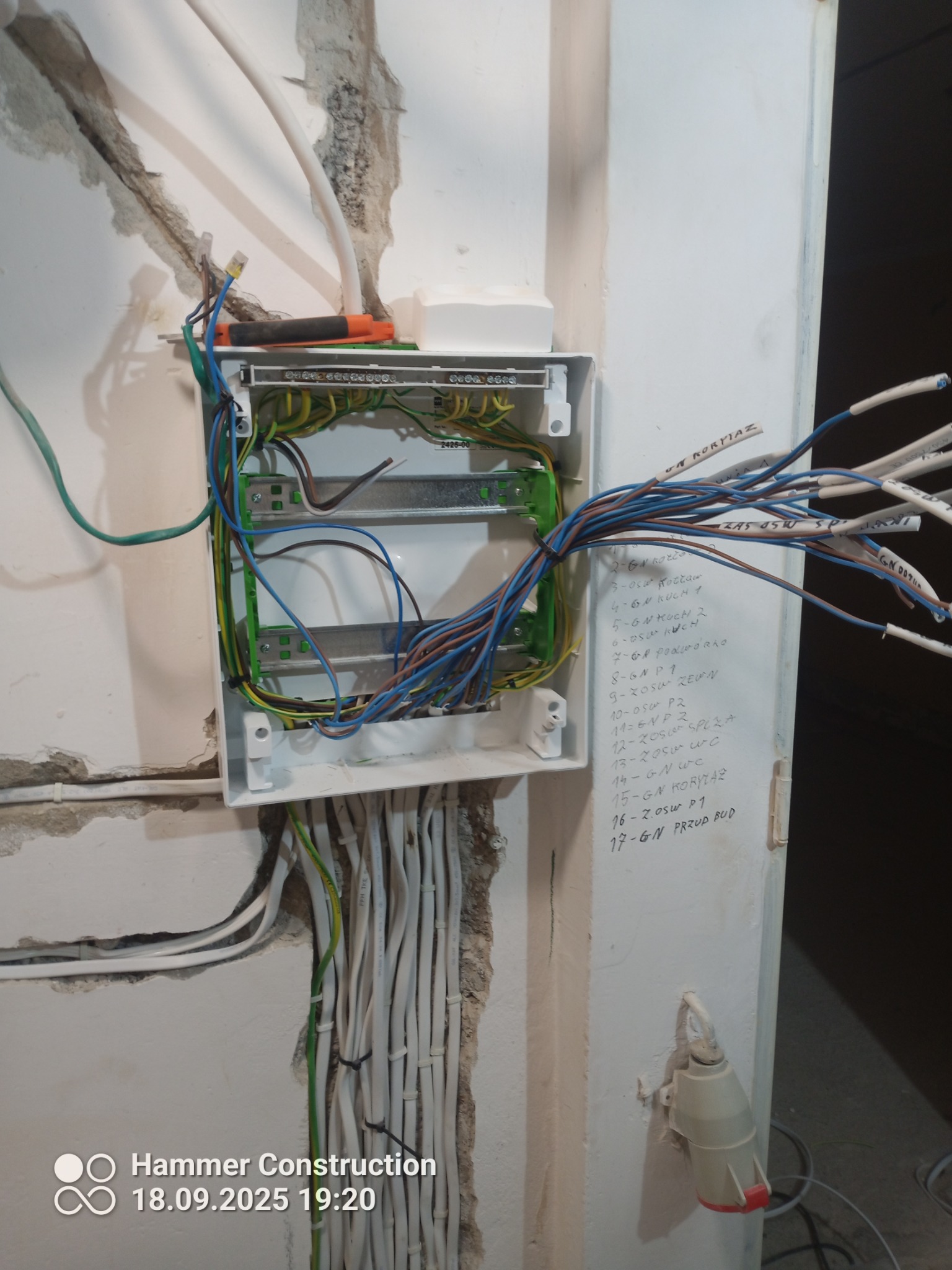 Rozdzielnica elektryczna w trakcie montażu, widoczne przewody, listwa z opisem obwodów, ściana w trakcie wykończenia. Widok z bliska na instalację.