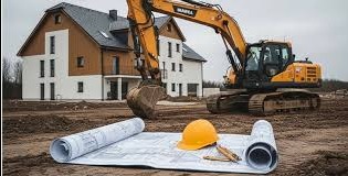 Plan budowy domu jednorodzinnego z żółtym kaskiem i ołówkami na pierwszym planie, w tle koparka i budynek w trakcie budowy. Pochmurne niebo.