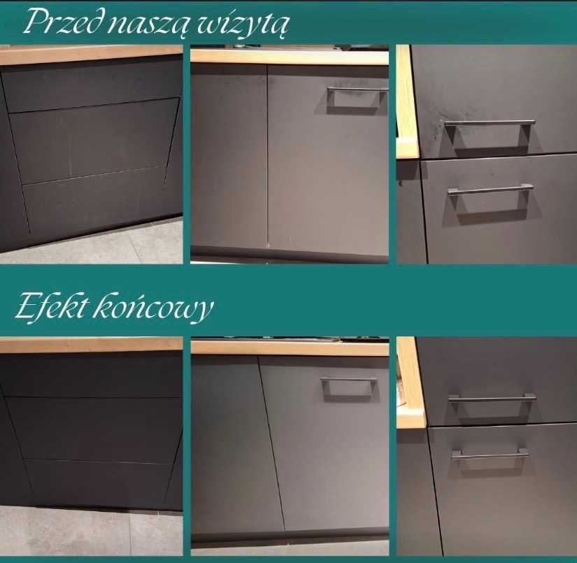 Kuchenne szafki w odcieniach szarości, prezentujące efekt czyszczenia: 'przed naszą wizytą' i 'efekt końcowy', ukazujące różnicę w czystości i wyglądzie.