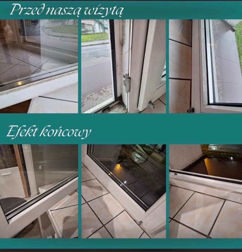 Zdjęcie okien przed i po umyciu, prezentujące efekt czyszczenia ram i szyb. Widoczne zabrudzenia przed i czyste powierzchnie po usłudze mycia okien.