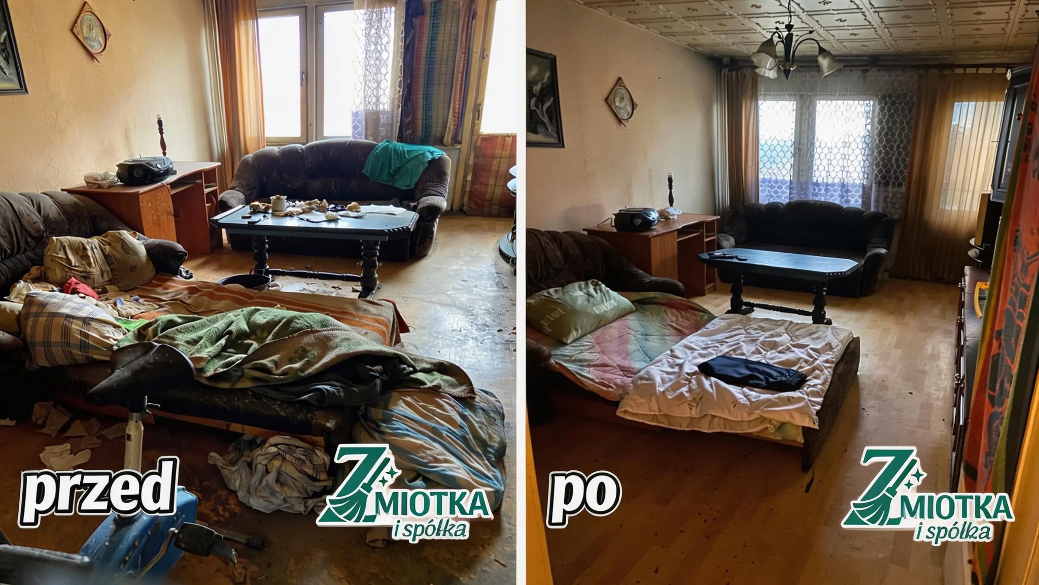 Zdjęcie 'przed i po' sprzątania pokoju: zagracony pokój z bałaganem na podłodze i meblach, a następnie ten sam pokój po sprzątaniu, z czystą podłogą i uporządkowanymi meblami.