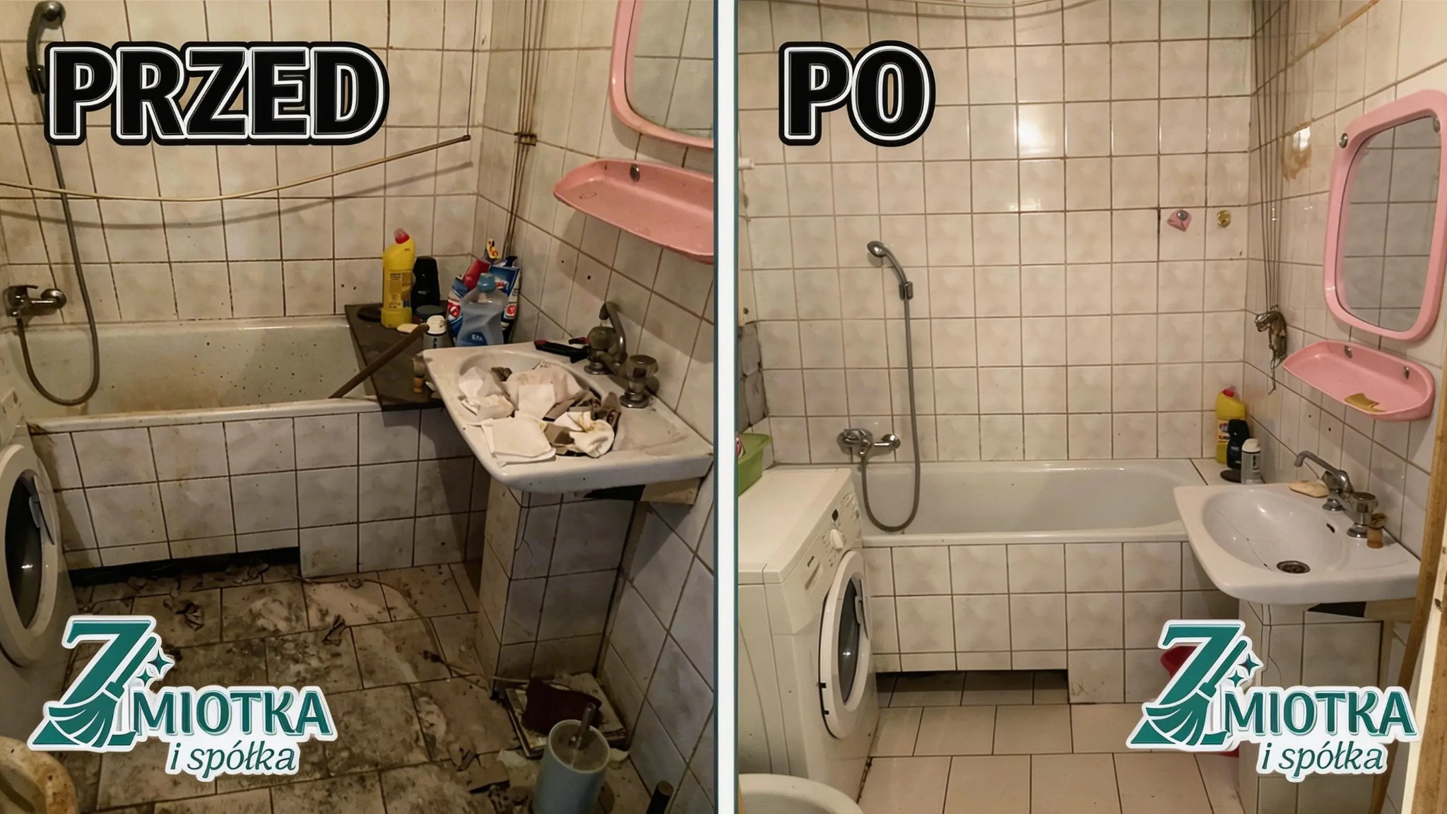 Zdjęcie łazienki przed i po sprzątaniu. Widoczne zabrudzenia na podłodze i w wannie przed, a po sprzątaniu czyste płytki, umywalka i wanna.