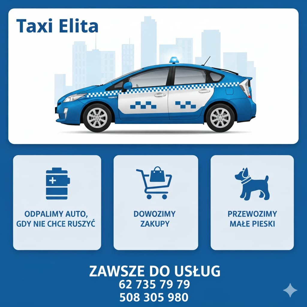 Grafika reklamowa Taxi Elita: niebiesko-biały samochód taxi na tle miasta, ikony usług (odpalanie auta, zakupy, przewóz psów) i numery telefonów.