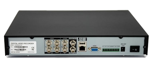 Czarny, prostokątny rejestrator cyfrowy BCS-0404LE-AS K2 404AS z widocznymi złączami BNC, audio, USB, RJ45, VGA, zasilania DC 12V i wyłącznikiem zasilania na tylnym panelu.