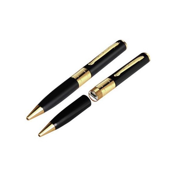 Dwa czarno-złote długopisy, jeden z odkręconą skuwką ukazującą port USB, leżące na białym tle.