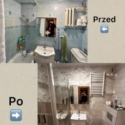 Patryk Kuś PartBud Usługi Budowlane - Porównanie łazienki przed i po: niebieskie płytki zastąpione beżowymi z motywem liści, wanna zamieniona na kabinę prysznicową, grzejnik drabinkowy.