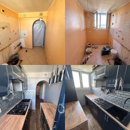 Patryk Kuś PartBud Usługi Budowlane - Kuchenna metamorfoza w Gorzowie Wielkopolskim: zdjęcie 'przed i po' prezentuje odnowione wnętrze z nowymi meblami i płytkami, ukazując efekt prac.