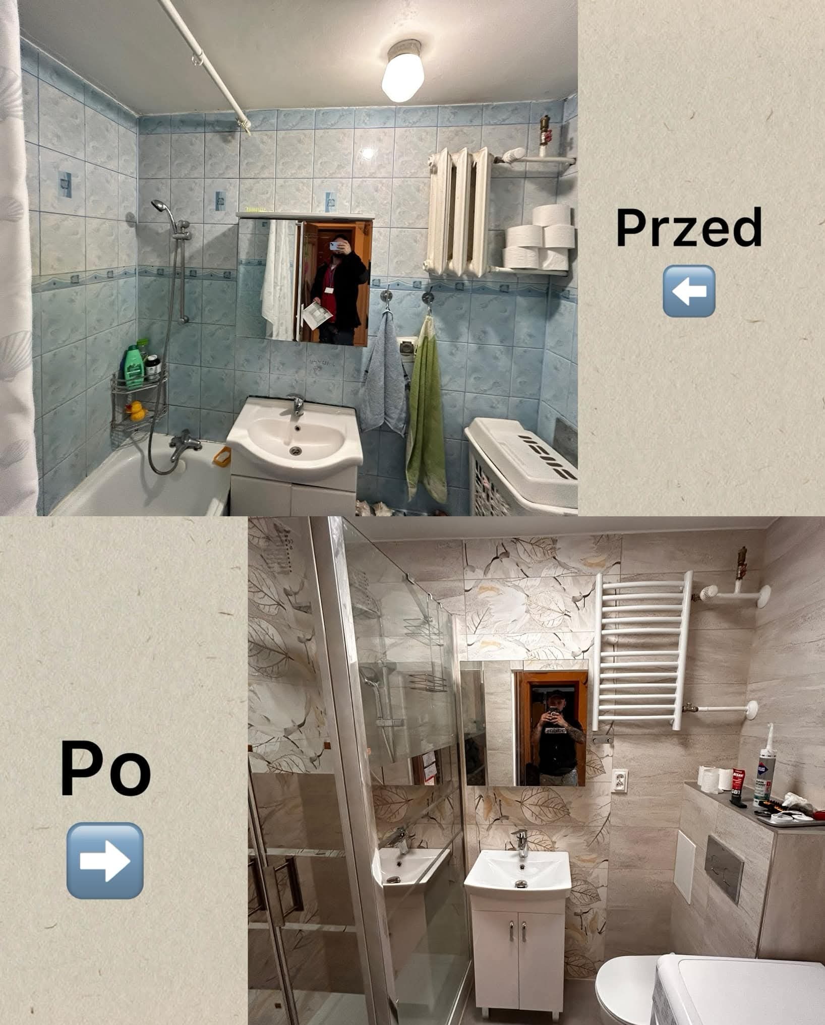Porównanie łazienki przed i po: niebieskie płytki zastąpione beżowymi z motywem liści, wanna zamieniona na kabinę prysznicową, grzejnik drabinkowy.