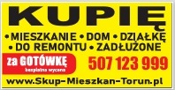 Żółto-czarny baner z napisem 'KUPIĘ' i ofertą skupu mieszkań, domów, działek, także do remontu i zadłużonych, za gotówkę. Numer telefonu i adres strony internetowej.