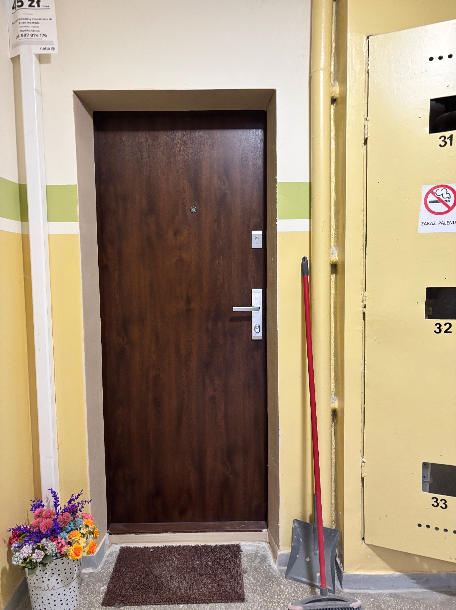 Ciemnobrązowe drzwi wejściowe w bloku, z widoczną wycieraczką, kwiatami w doniczce i sprzętem do sprzątania. Ściany w odcieniach żółci i bieli.