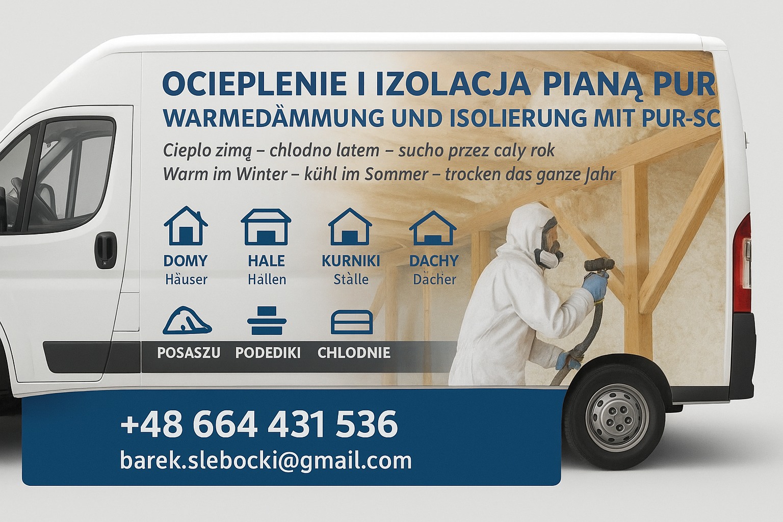 Reklama na busie: ocieplenie pianą PUR. Grafika z pracownikiem w kombinezonie podczas natrysku izolacji na poddasze. Kontakt telefoniczny i adres e-mail.