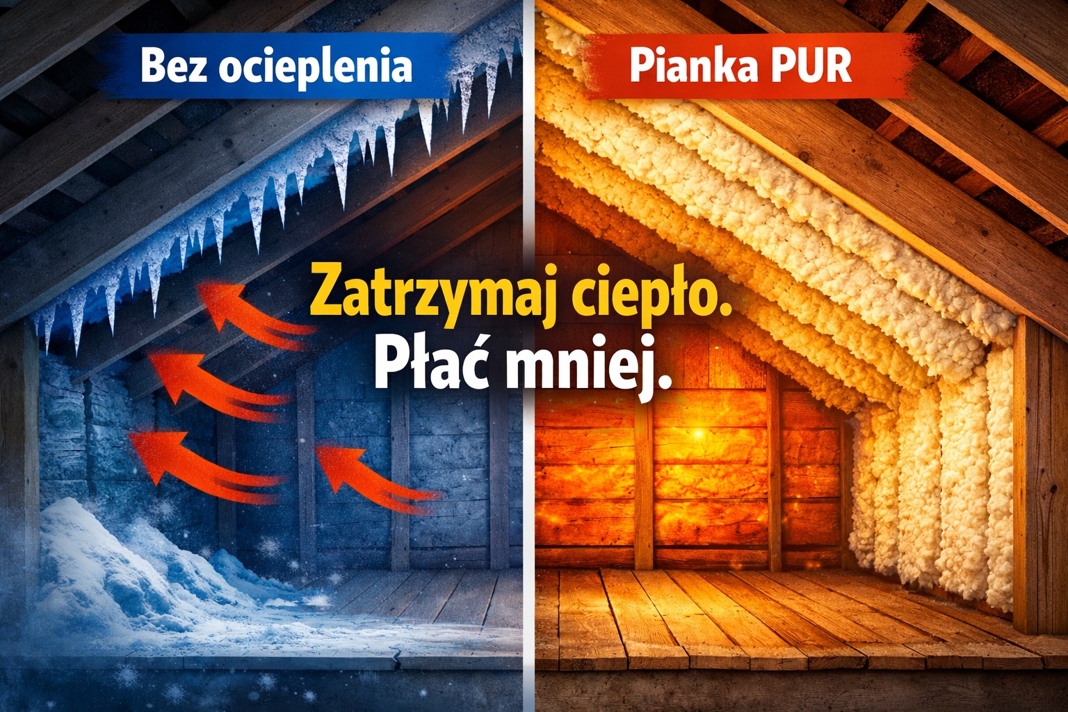 Poddasze przed i po ociepleniu pianką PUR: po lewej lód i strzałki ciepła uciekającego, po prawej ocieplona przestrzeń. Napis: Zatrzymaj ciepło. Płać mniej.