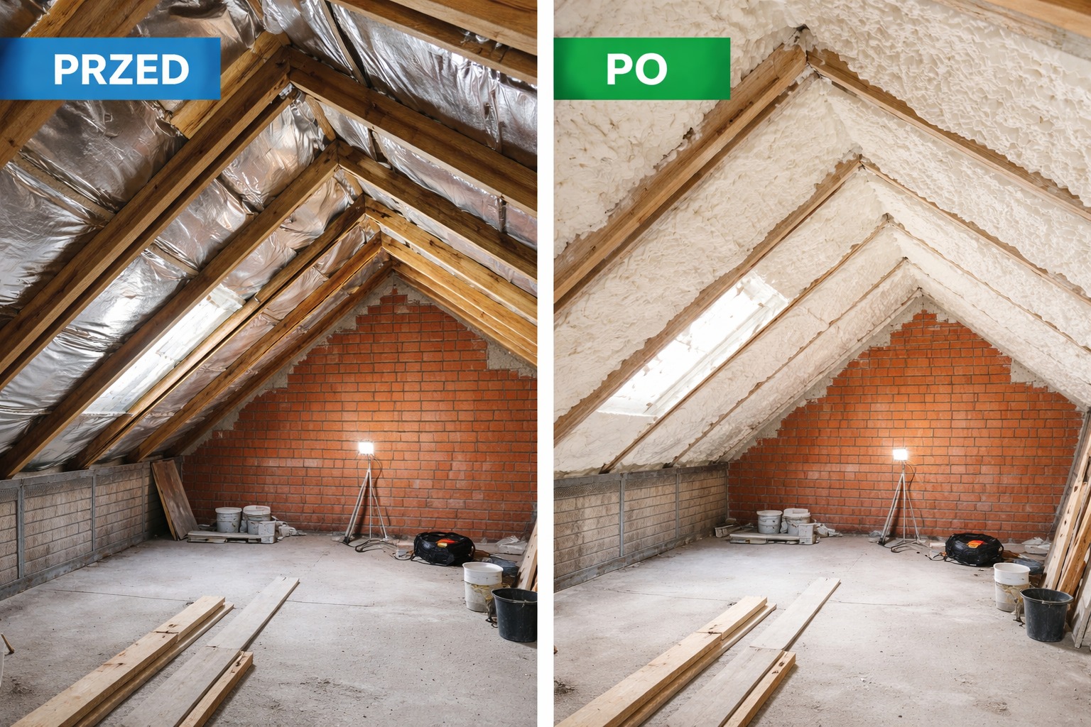 Poddasze przed i po ociepleniu pianką PUR. Po lewej folia, po prawej biała pianka. Widoczne drewniane krokwie i ceglana ściana. Na podłodze leżą deski.