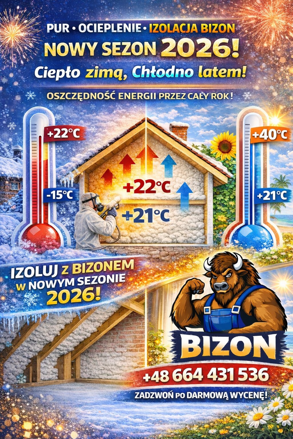 Grafika reklamowa: izolacja Bizon na sezon 2026. Termometry wskazują ciepło zimą i chłód latem. Pracownik izoluje ścianę. Dach ocieplony pianą. Zadzwoń po darmową wycenę!