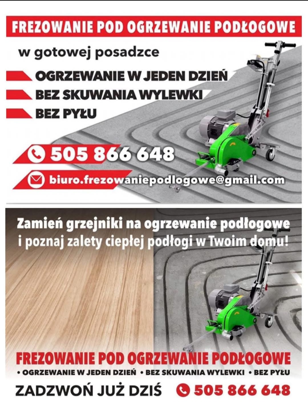 Frezarka do ogrzewania podłogowego na gotowej posadzce, z hasłami: ogrzewanie w jeden dzień, bez skuwania wylewki, bez pyłu. Kontakt telefoniczny i adres e-mail.