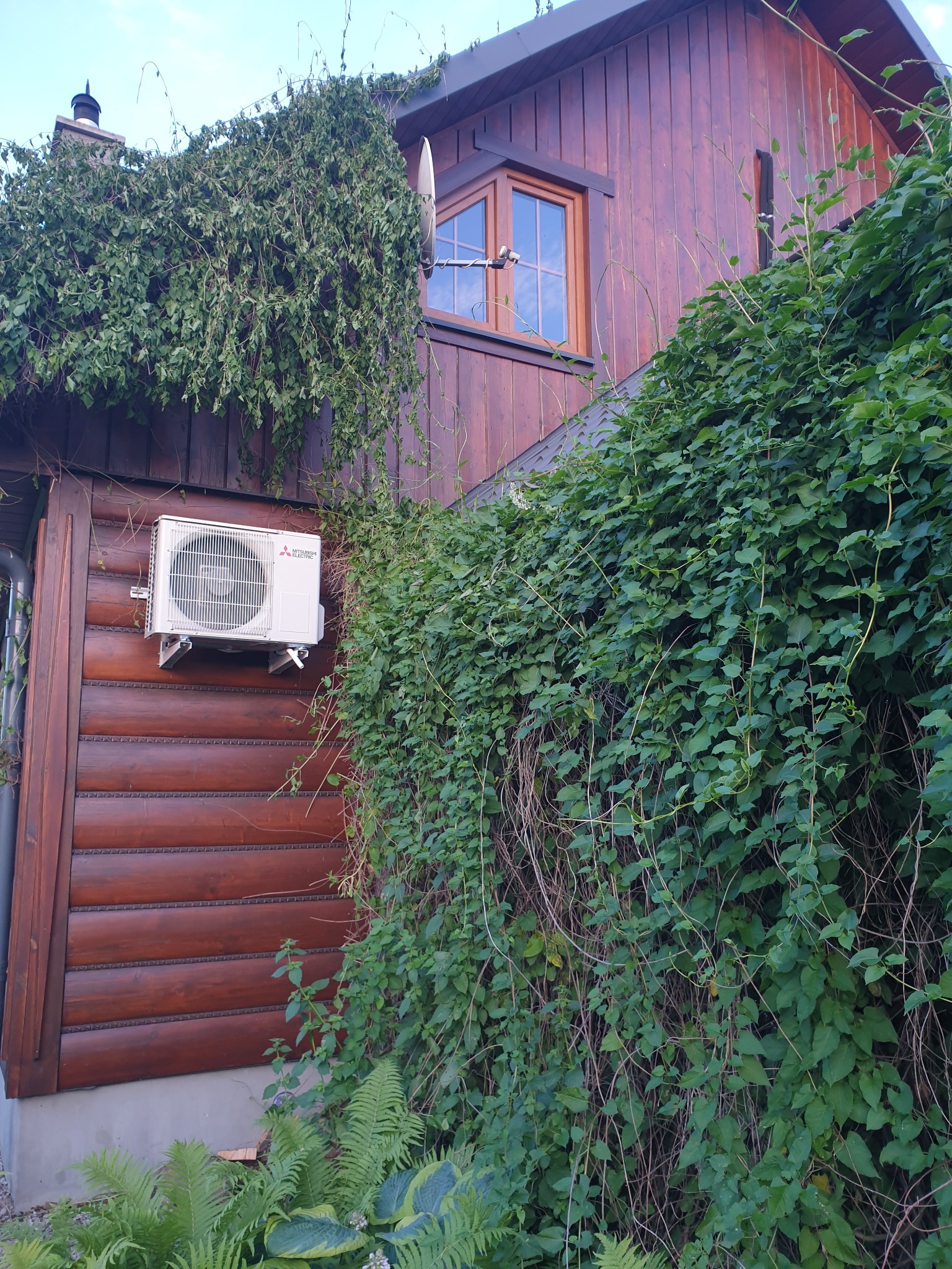 Klimatyzator Mitsubishi Electric zamontowany na drewnianej elewacji budynku, częściowo porośniętej zielenią. Widoczny fragment okna i dachu. Ujęcie z dołu.