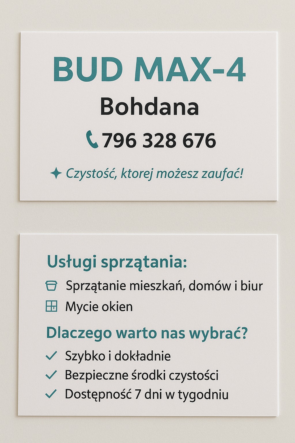 Wizytówka firmy sprzątającej 'Bud Max-4' oferującej sprzątanie mieszkań, domów, biur i mycie okien. Gwarancja szybkości, dokładności i bezpieczeństwa.