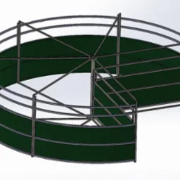 Projekt 3D okrągłej konstrukcji z metalu i zielonych paneli, widok z góry, ukazujący segmenty i otwartą przestrzeń. Prezentacja techniczna.