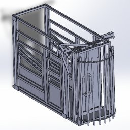 Anra - Model 3D metalowej konstrukcji z elementami ruchomymi, prawdopodobnie klatki dla zwierząt, na białym tle. Widoczne spawane łączenia i mechanizmy.