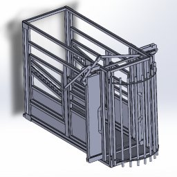 Anra - Szary model 3D konstrukcji z metalu, przypominającej klatkę z elementami ruchomymi i drzwiami, na białym tle z cieniem. Widok z góry, perspektywa.