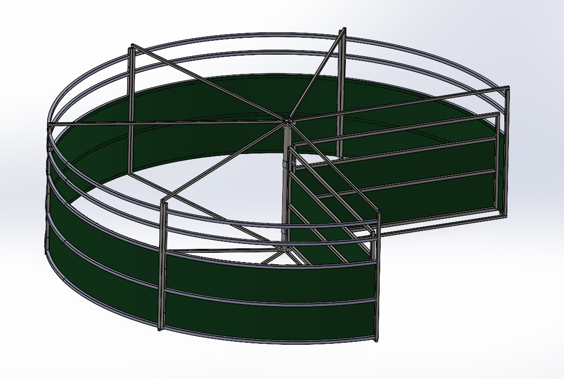 Projekt 3D okrągłej konstrukcji z metalu i zielonych paneli, widok z góry, ukazujący segmenty i otwartą przestrzeń. Prezentacja techniczna.
