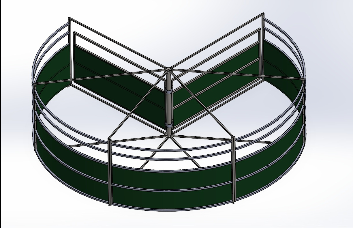Wizualizacja 3D konstrukcji z metalowych rur i zielonych paneli, układających się w półokrągły kształt. Widok z góry, na białym tle.