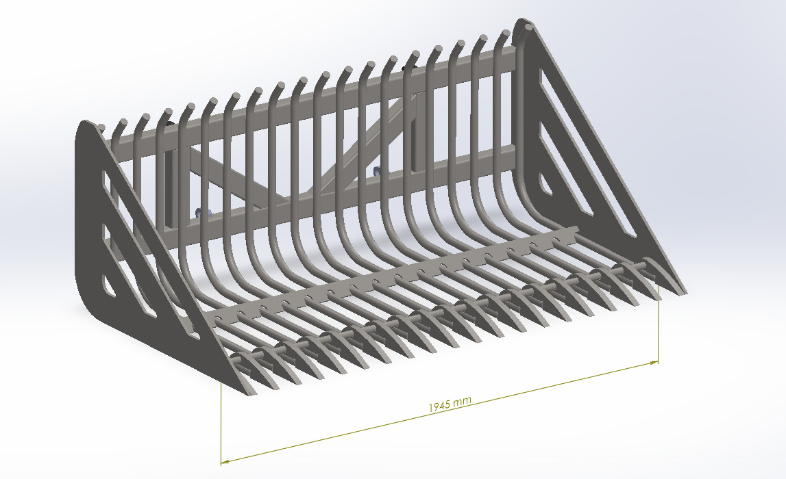 Model 3D metalowej łyżki ażurowej o szerokości 1945 mm, z zębami i ażurowymi bokami, na białym tle. Prezentacja projektu.