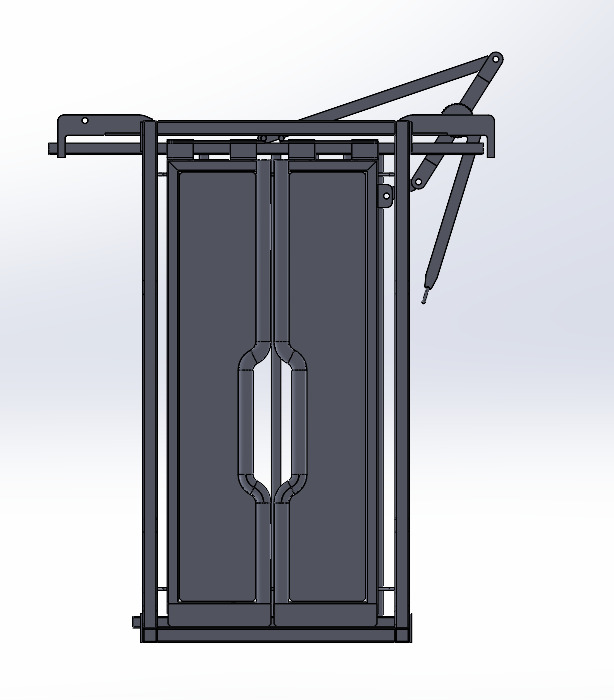 Techniczny rysunek 3D metalowej konstrukcji bramy wjazdowej z mechanizmem otwierania, na białym tle. Widok z przodu, detale konstrukcyjne.