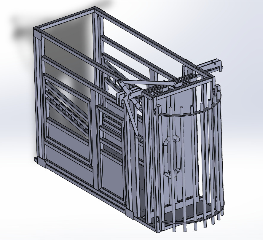 Model 3D metalowej konstrukcji z elementami ruchomymi, prawdopodobnie klatki dla zwierząt, na białym tle. Widoczne spawane łączenia i mechanizmy.