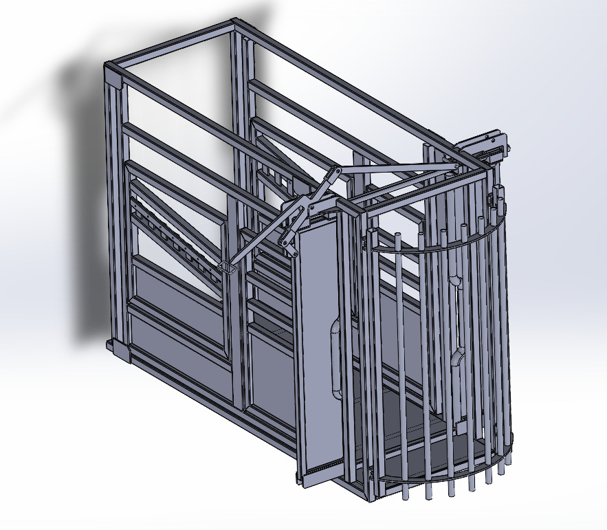 Szary model 3D konstrukcji z metalu, przypominającej klatkę z elementami ruchomymi i drzwiami, na białym tle z cieniem. Widok z góry, perspektywa.