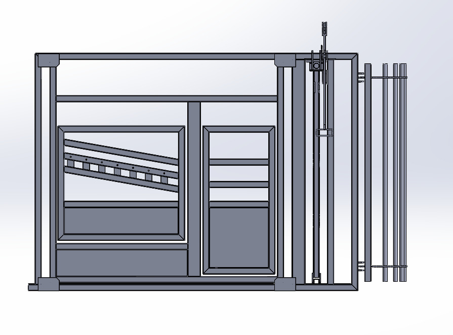 Projekt techniczny metalowej konstrukcji z elementami krat, widok z boku, szare elementy na białym tle, detale spawane.