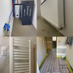 Hydro Instal Tech - Kolaż: piec Ferroli, grzejnik panelowy, drabinkowy i podłogówka z rurkami na folii. Prezentacja różnych systemów grzewczych w pomieszczeniach.