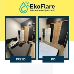 EkoFlare - Sypialnia przed i po: bałagan na łóżku kontra świeżo pościelone, uporządkowane wnętrze z szafą przesuwną. Widok na otwarte drzwi do garderoby.