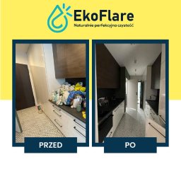 EkoFlare - Kuchenne metamorfozy: Ujęcie 'przed i po' prezentuje efekt sprzątania. Lewa strona ukazuje zagraconą przestrzeń, prawa – czystą, uporządkowaną kuchnię z błyszczącymi blatami.