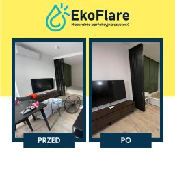 EkoFlare - Zdjęcie 'przed i po' sprzątania pokoju: bałagan na stole i podłodze, a następnie czysty pokój z uporządkowanymi meblami. Widoczny telewizor i szafka RTV.