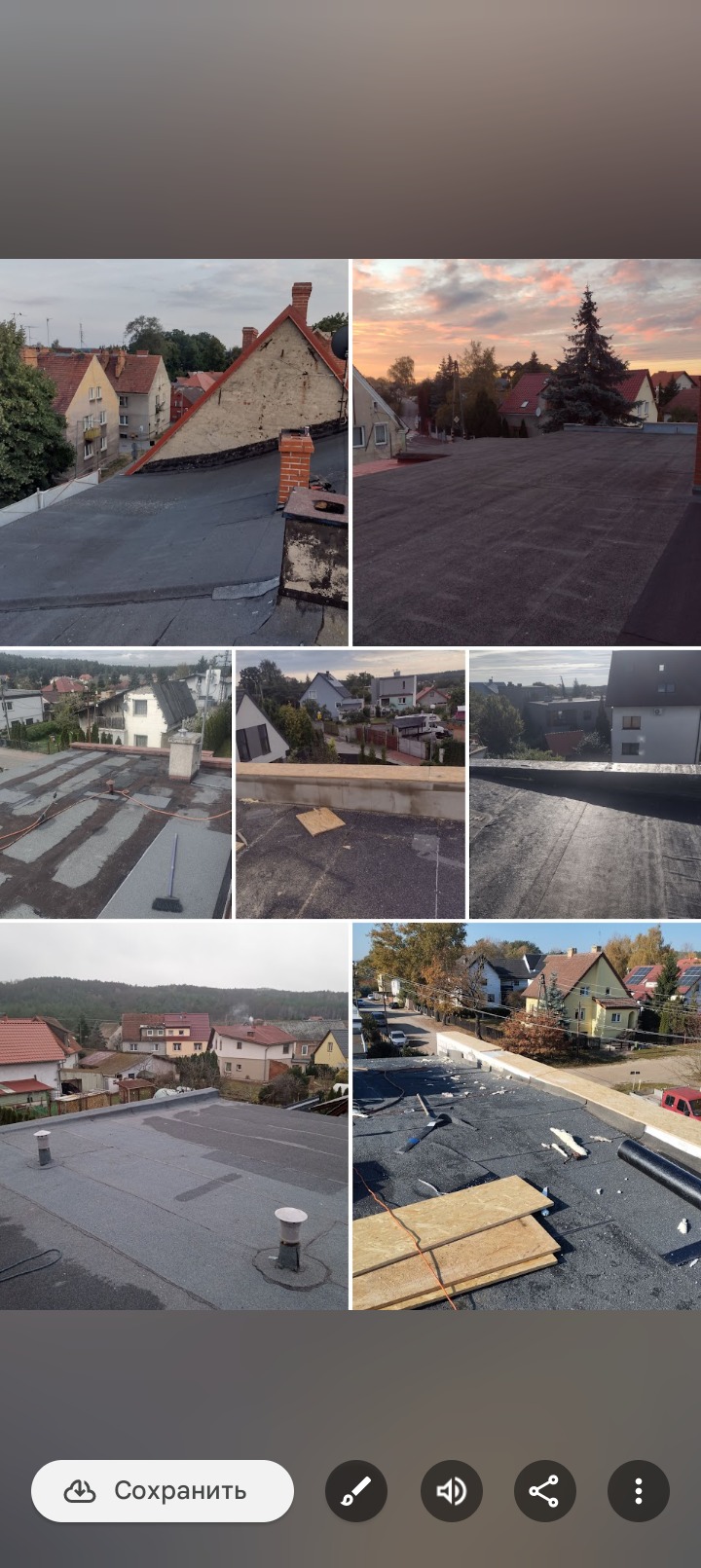 Kompozycja zdjęć dachów z różnych perspektyw: płaskie dachy pokryte papą, widok na okoliczne domy i krajobraz. Różne etapy prac dekarskich, narzędzia i materiały budowlane.