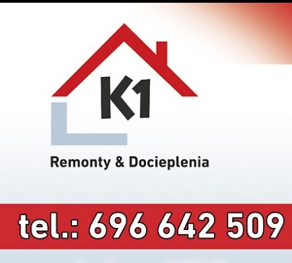 Logo firmy K1 z Wałbrzycha. Czerwony dach domu, szara ściana, napis 'Remonty & Docieplenia' i numer telefonu na czerwonym tle. Grafika reklamowa.