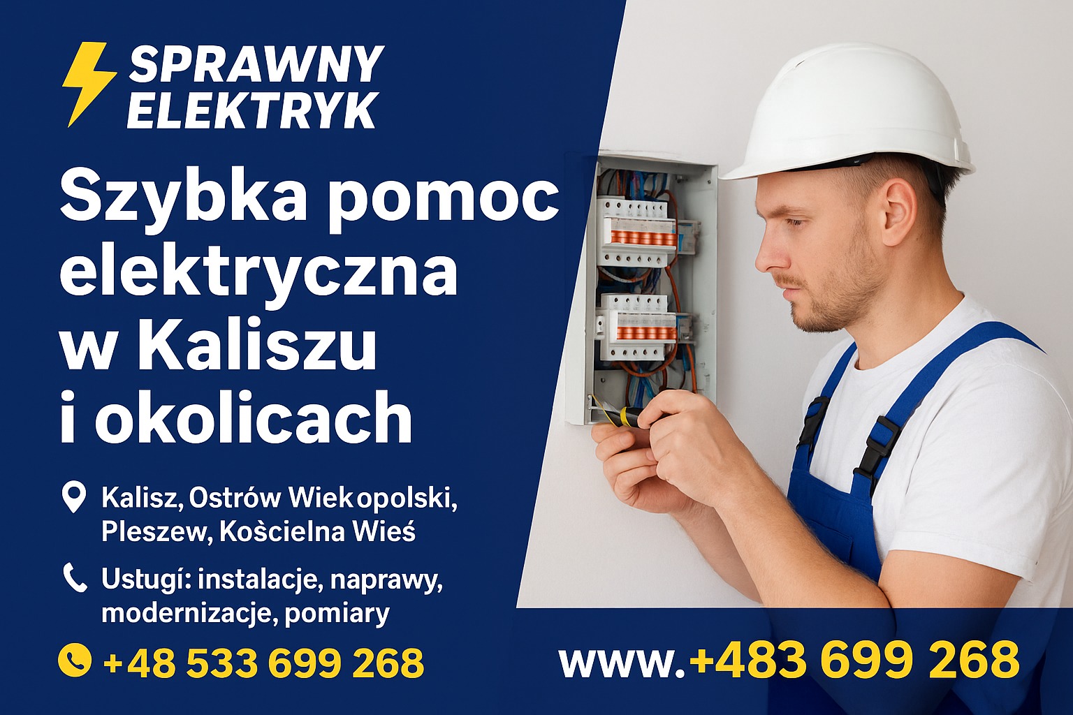 Elektryk w kasku, w trakcie pracy przy skrzynce elektrycznej. Widoczny fragment reklamy firmy 'Sprawny Elektryk' z Kalisza. Usługi: instalacje, naprawy, pomiary.