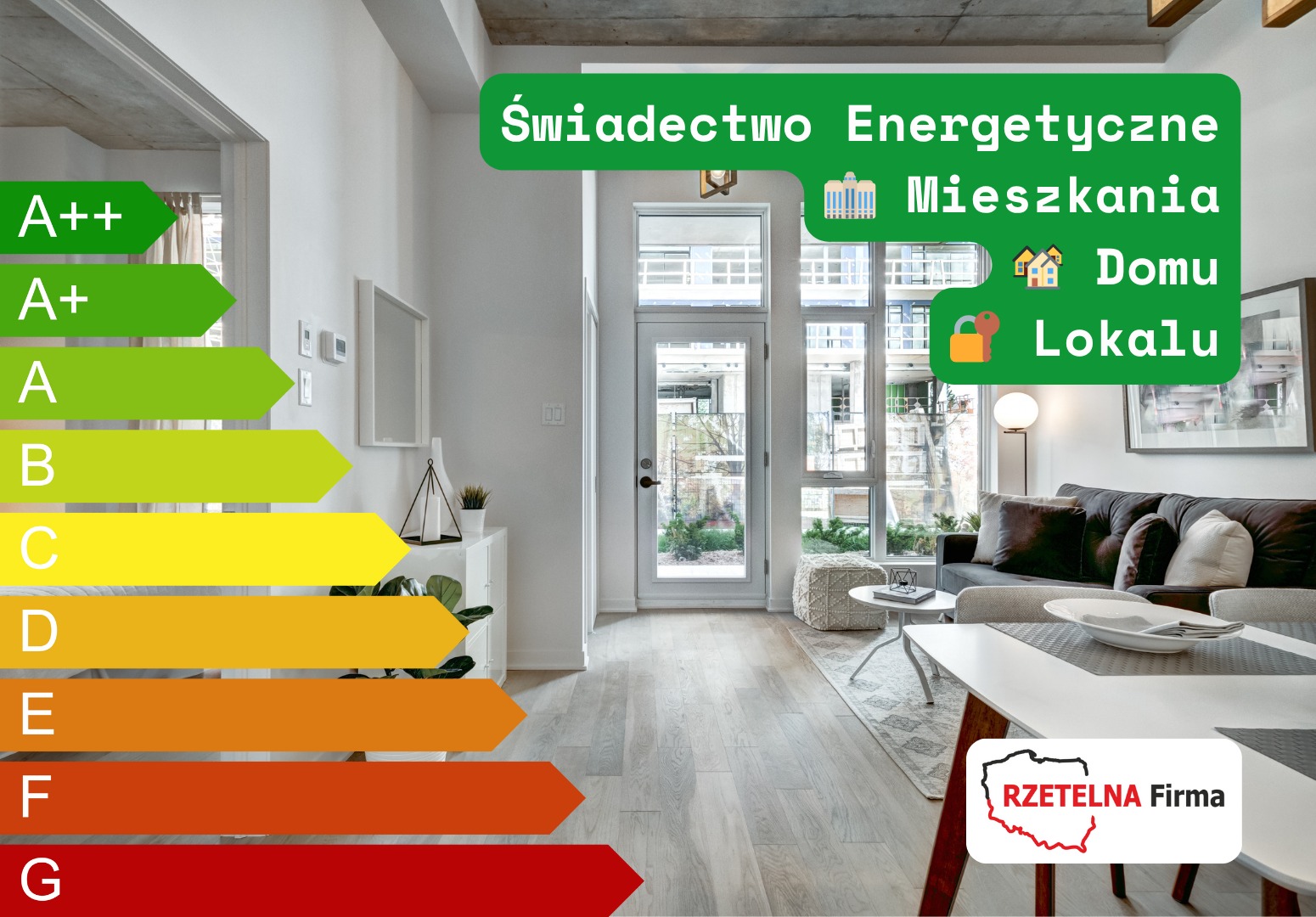 Jasne wnętrze mieszkania z grafiką świadectwa energetycznego, prezentującą klasę energetyczną od A++ do G. W tle widoczny salon z sofą i oknami.