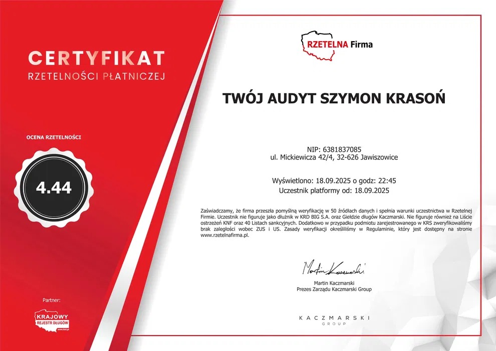 Certyfikat rzetelności płatniczej z oceną 4.44, wystawiony przez Rzetelną Firmę dla Szymona Krasoń. Zawiera NIP, adres i datę weryfikacji. Sygnatura Martina Kaczmarskiego.