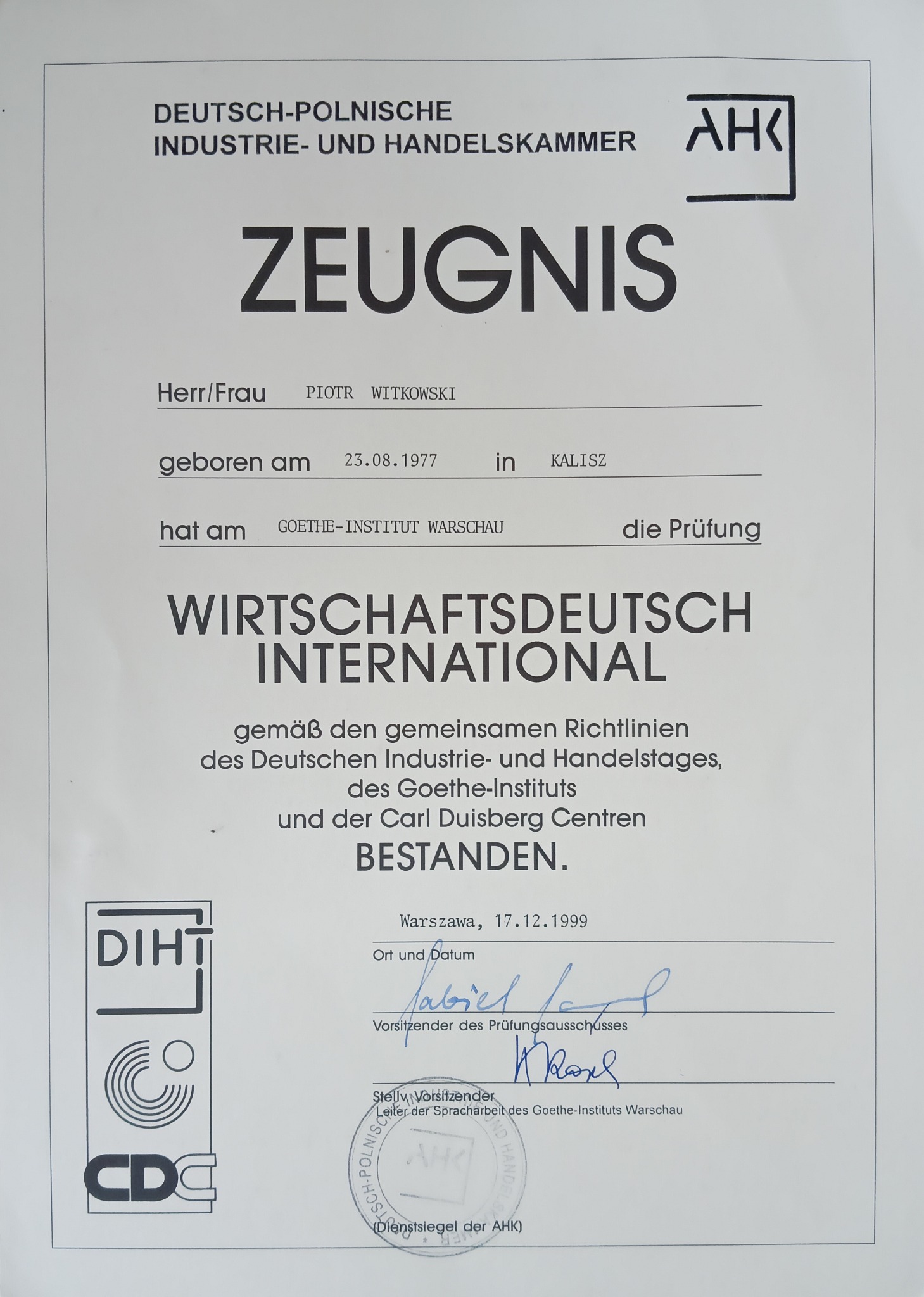 Certyfikat Wirtschaftsdeutsch International - niemiecki biznesowy, poziom C1